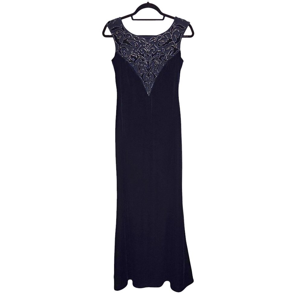 Aidan by Aidan Mattox Navy Blue Velvet Cocktail Dress Size 4 Beaded Mesh Bodice